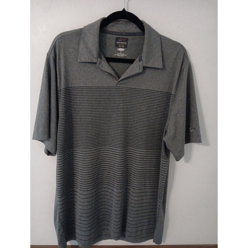 Greg Norman For Tasso Ella -Play Dry Men's Golf Polo Grey/Black Stipes Sz. L